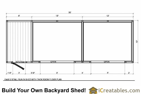 10x30-RITR Run In Tack Room Horse Barn Plans Emailed