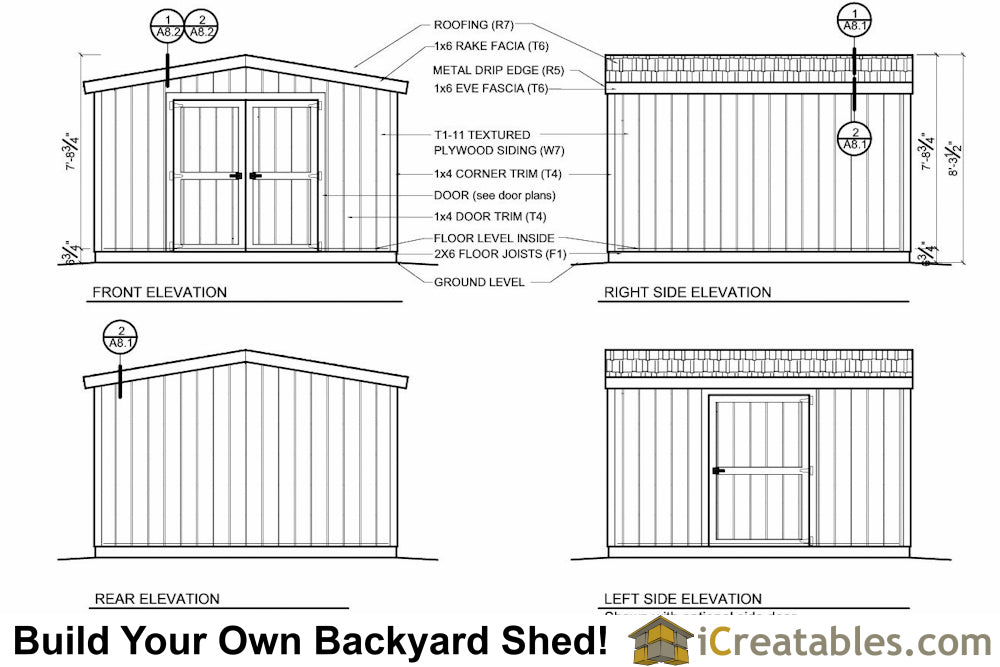 12x12-B8 8 Foot Shed Plans Emailed
