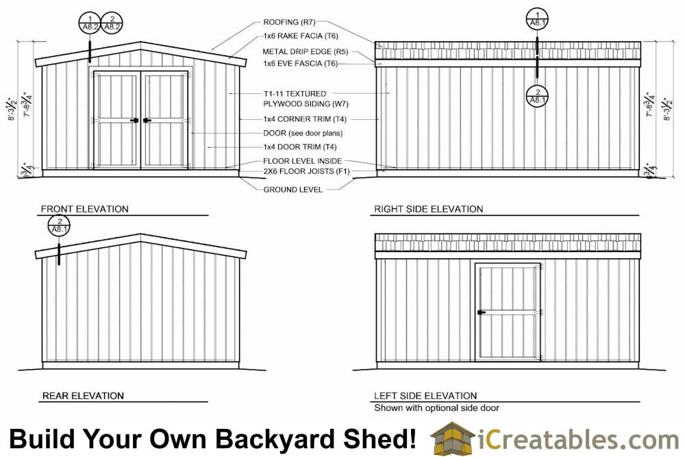 12x16-B8 Backyard 8 Foot Shed Plans Emailed
